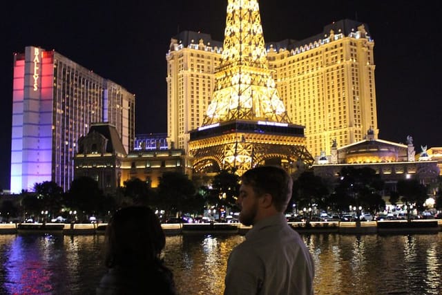 Overlooking the Bellagio Fountains and Paris at night